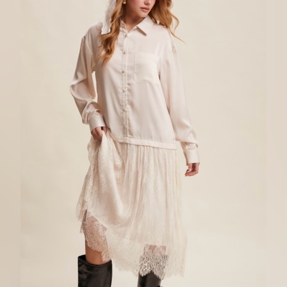 Elegant Cream Lace Dress with Shirt Top